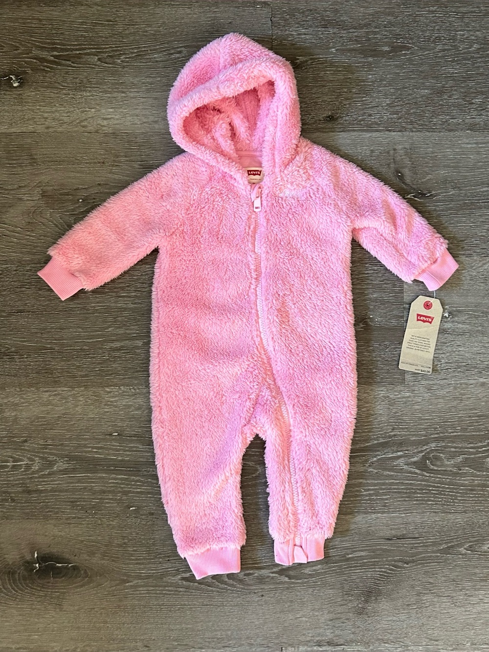 NWT‎ Levi’s 9 Month Warm Fuzzy Pink Winter Hooded Zip Up Body Suit